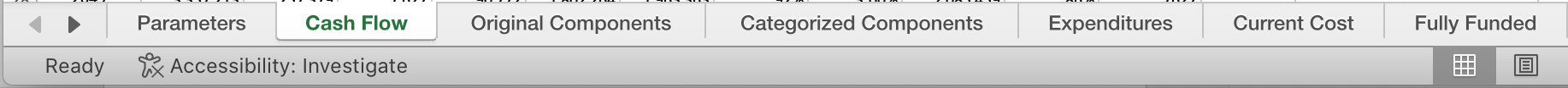 A horizontal list of the workbook pages