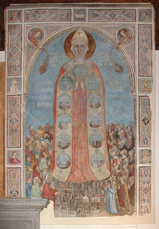The Madonnna has a robe that incudes images in circles and a host of people around the bottom of her robe and the image of the city below the robe