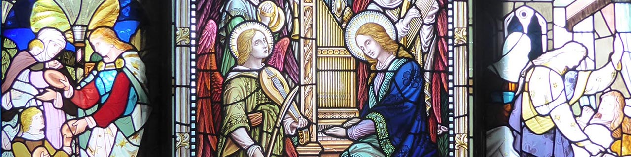A central image of St. Cecilia and a choir of angels flanked by two images of an individual helping others in the Pre-Raphaelite style