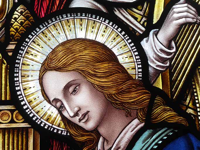 Close-up of St. Cecelia's head and halo