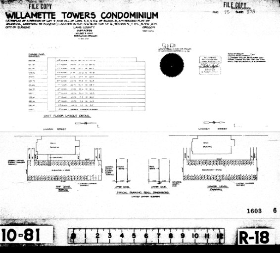 A listing of residential units and their assigned spaces and a plan of the parking spaces with blotchy corresponding numbers entered